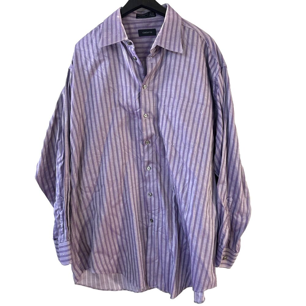 Claiborne Mens Purple Striped Long Sleeve Button 100% Cotton - 17-1/2 (34/35) XL